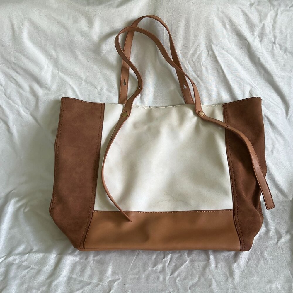 Justfab Brown & White Faux Leather Tote Bag With Chevron Interior